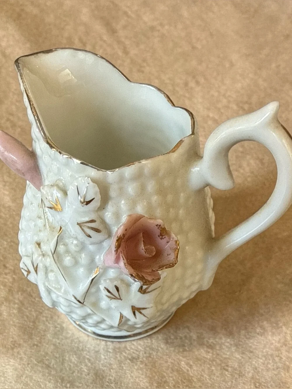 Vintage Japanese Porcelain Demi Creamer Sugar Set Hobnail 3D Pink Rose